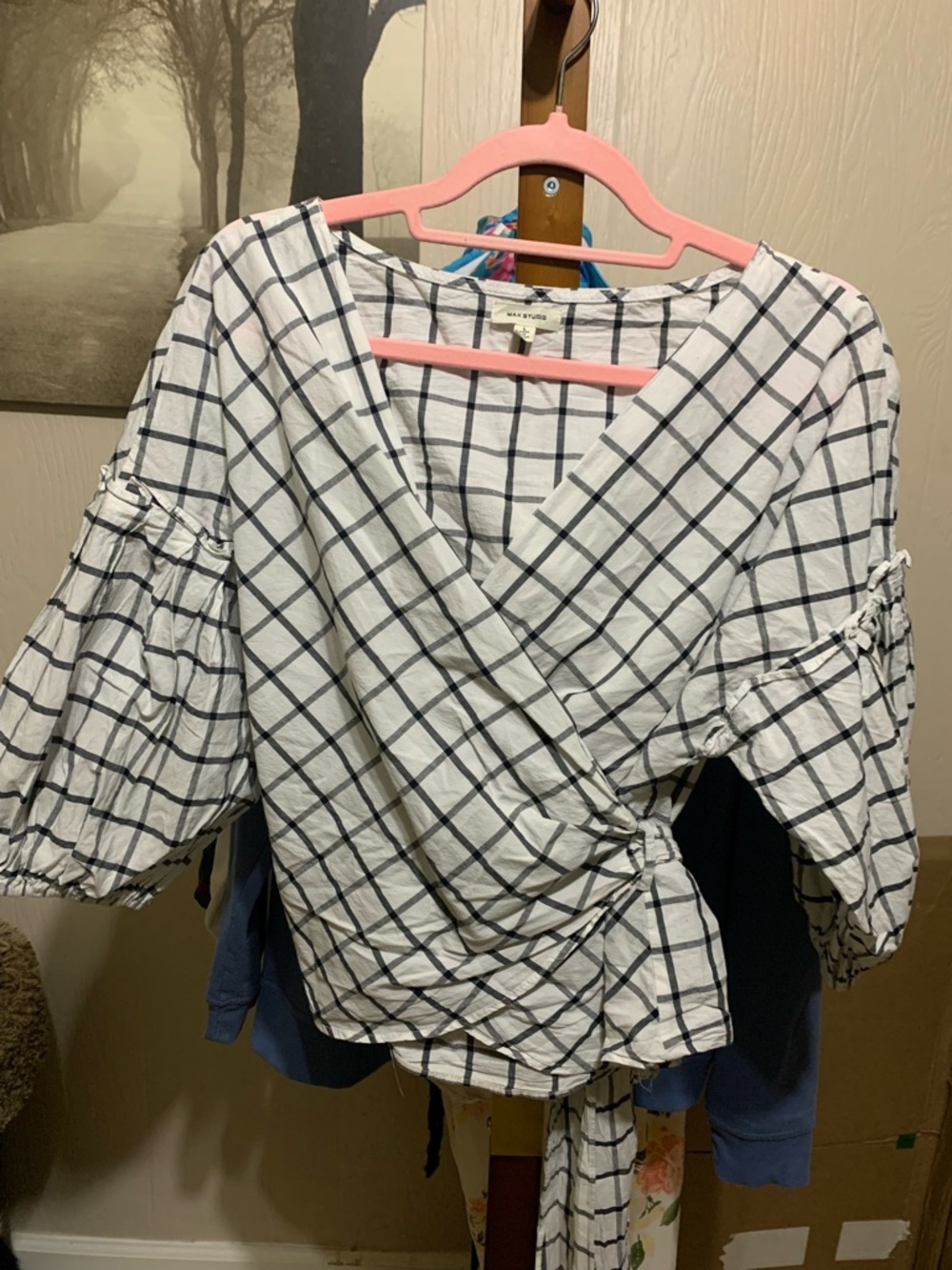 Max Studio White & Black Plaid Wrap Blouse with Balloon Sleeves